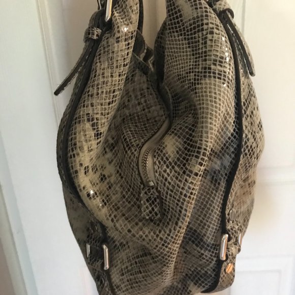 Michael, Michael Kores Snake Print Leather Satchel - Gray/Black
